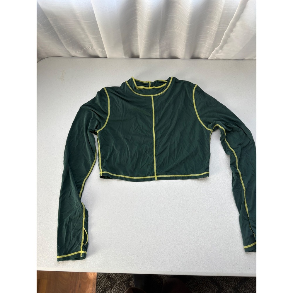 Buffbunny Collection Green‎ Contrast Stitch Crop Long Sleeve Mock Neck Top Large